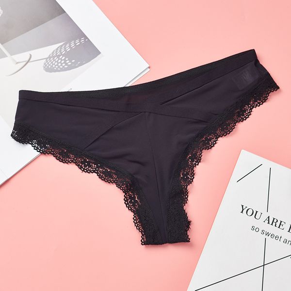 

2018 summer women lace panties ,women's low waist cotton crotchless briefs transparent underwear thongs ladys pure ice pant, Black;pink