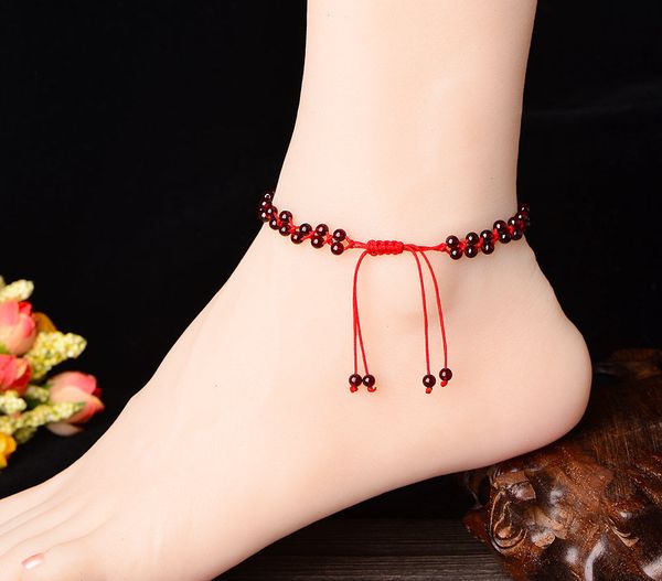 

natural garnet red rope anklet social womens vintage anklet foot ring korean version of the simple-style mori-style, Red;blue