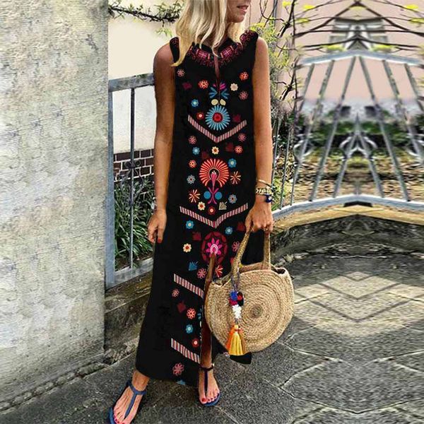 

new women boho floral sleeveless slit fashion ladies long holiday casual summer print beach dress sundress hot, Black;gray