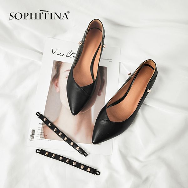 

sophitina cow leather pumps comfortable med square heel buckle rivet new shoes pointed toe women's pumps so124, Black