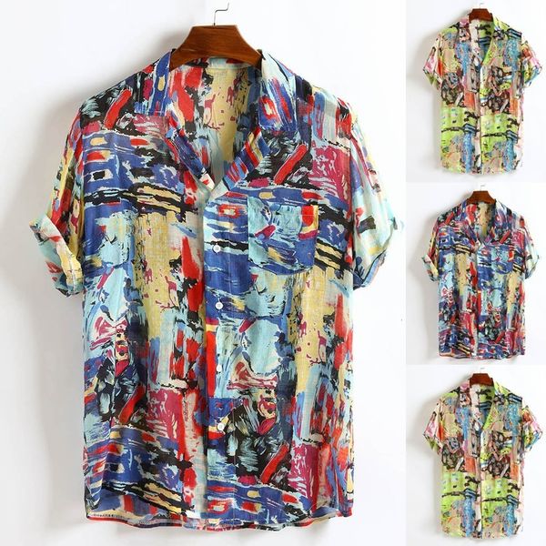 

shirts male hawaiian shirt camisas de hombre mens breathable colorful printing loose turn down collar short sleeve shirt -3xl, White;black