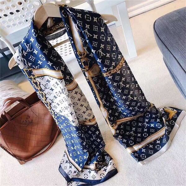 

2019 silk scarf spring/summer women's scarf silk printed fashion design shawl 190*80cm soft silk shawl, Blue;gray