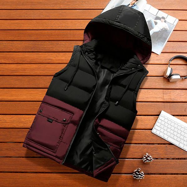 

men's colorblock stitching hooded casual warm sleeveless vest vest autumn winter coat padded cotton warm hooded thick jacke, Black;white