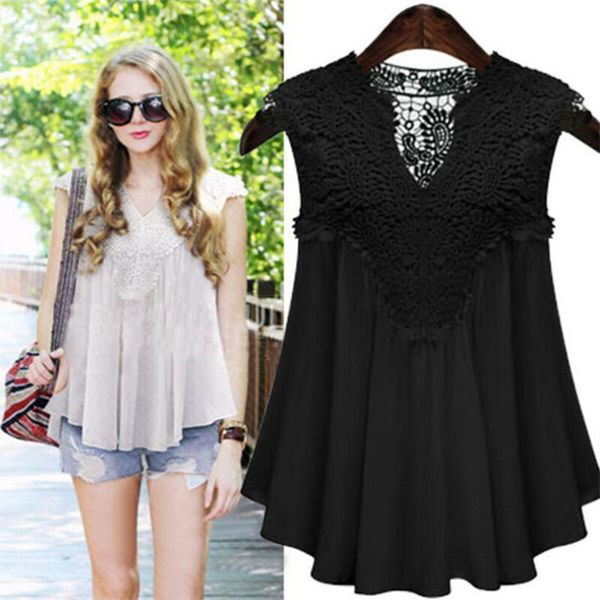 

Summer Casual Womens V Neck Lace Shirts Hollowed-out Ruffled Sleeveless Tops