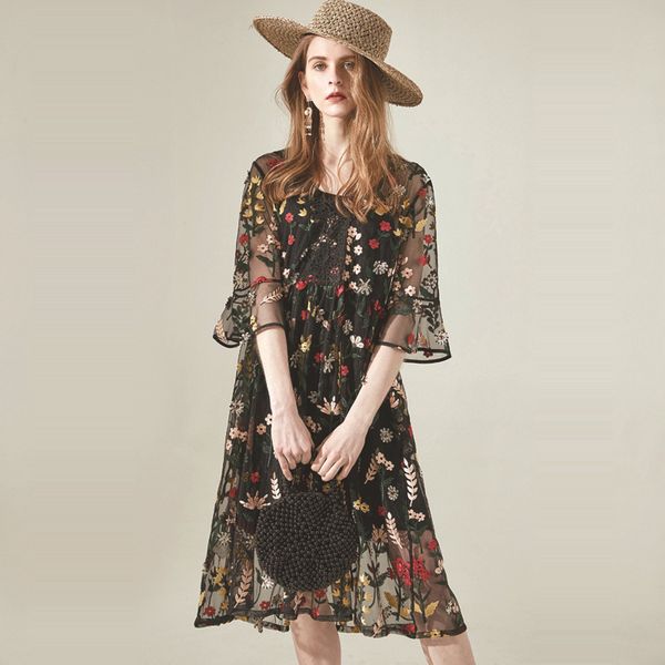 

too] rong temperament of organza embroidery dress 2020 new summer dress v-neck a word midi two-piece outfit, Black;gray