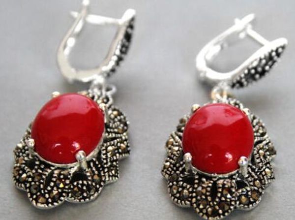 

increÃ­ble 11/2 "vintage de plata 925 y marcasita pendientes de coral rojo, Silver