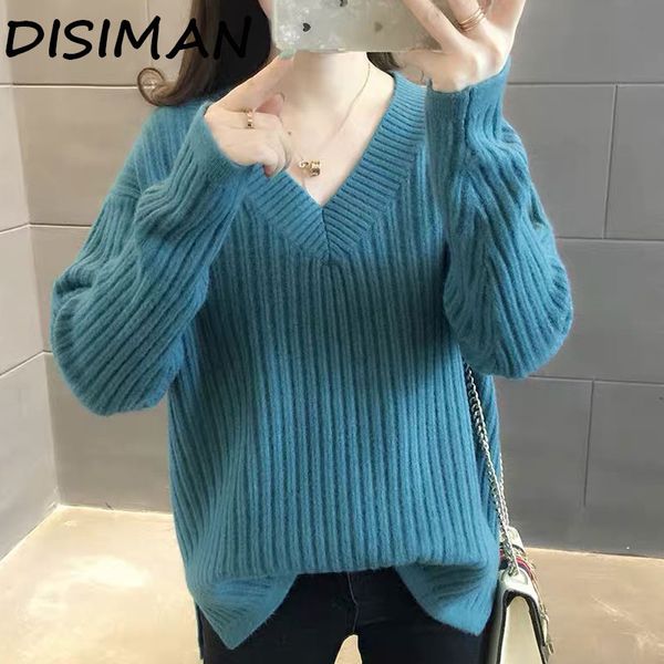 

disiman fall 2019 fashion sweater women winter clothes women v-neck pullover korean style clothing lazy oaf sweaters, White;black