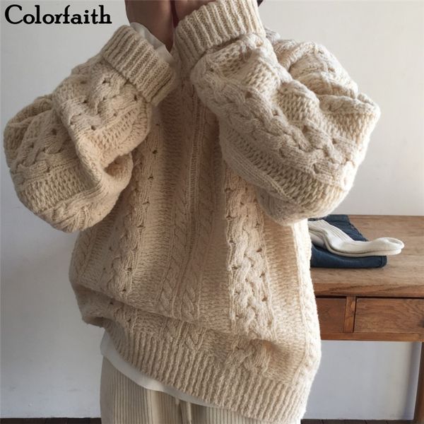 

women's sweaters colorfaith 2021 autumn winter o-neck loose knitting warm korean style solid ladies minimalist sw7575, White;black