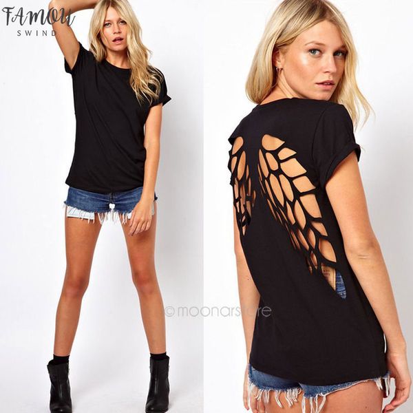 

new fashion women t shirt hollow back angel wings womens white black shorts letter tees t shirt autumn summer plus size