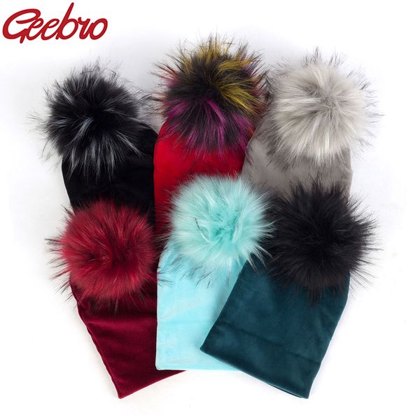 

geebro winter warm fashion cute baby girls boys velvet beanie hats ins solid soft thick flannel babies kids real fur pom pom hat