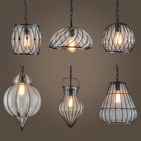 Industrial Retro Pendant Chandeliers Light Wrought Iron Glass