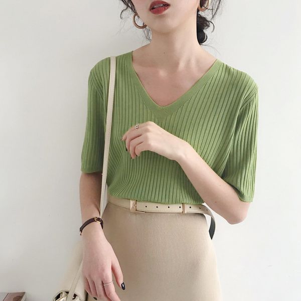 

2020 New Women Summer T-shirts Knit Women Shirts V-neck Shirts Clothing, White