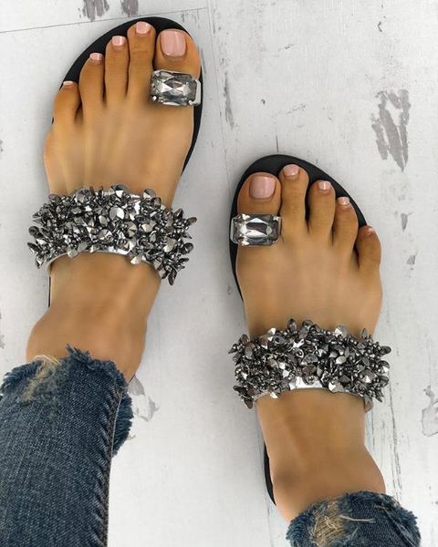 

women's flat slippers summer new casual flip-flops crystal women's shoes girls comfortable shoes, Black