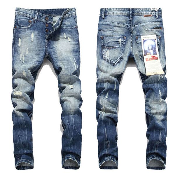 

new mens jeans robin motorcycle biker jeans rock revival skinny slim ripped hole mens famous brand denim pants men designer jeans, Blue