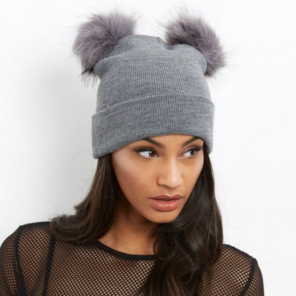 

fashion winter women ladies faux fur knitted hat 2 plush balls crochet beanie warm adults pom poms cap ngd88, Blue;gray