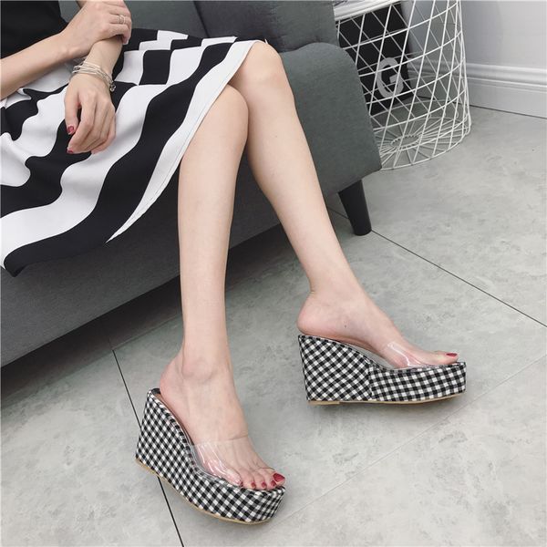 

european and american high-heeled sandals women 2020 summer wedge high-heeled slippers transparent slippers women, Black