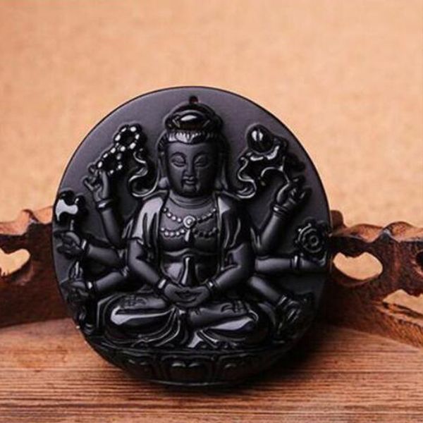 

yu xin yuan fine natural black obsidian carved guanyin necklace fashion charm jade pendant lucky amulet for women men jewelry, Silver