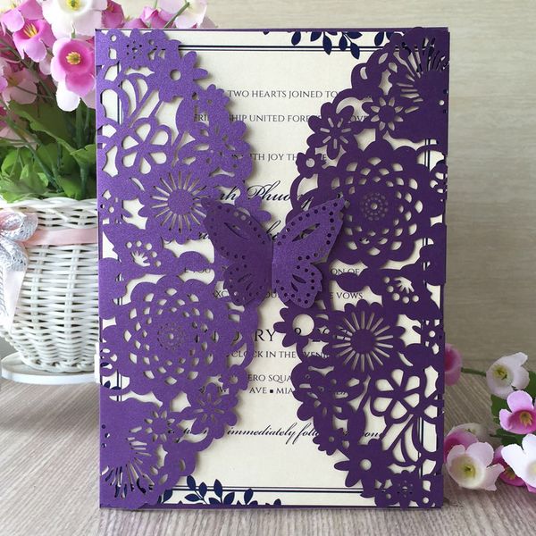 Purple 3d Butterfly Flower Garden Gate Laser Cut Pearl Paper Wedding Invitation Birthday Party Dinner Decoration Pocket Card E Cards E Greeting Card
