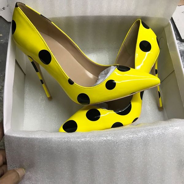 

yellow with black dot 12cm high heel stiletto shallow mouth pointed single shoes nude color party nightclub women's shoes