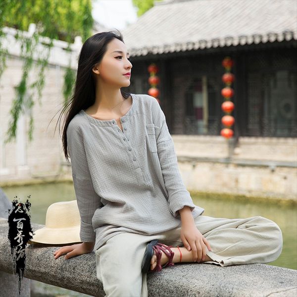 

20 nianbaixiu textile and women's dress modified soft loose versatile women's long-sleeved t-shirt cotton linen cotton linen, White