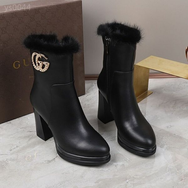 

autumn and winter high heel thick heel waterproof platform with fur plus velvet simple black snow boots boots women boots cotton shoes