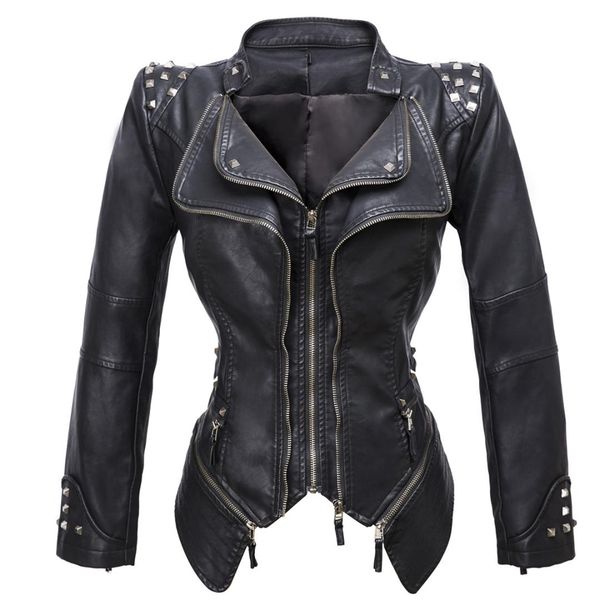 

2019 women smooth motorcycle faux leather jackets punk ladies long sleeve autumn winter pu jacket streetwear black coat
