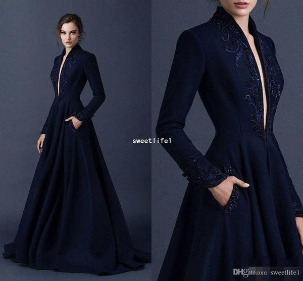 

vintage navy blue satin a line evening dresses paolo sebastian party wear beaded formal party wear prom dress plunging v neck, Black;red