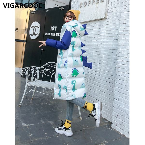 

2019 cartoon printing dinosaur cotton clothing female winter cute long thick coat fashion hooded cotton clothing, Black