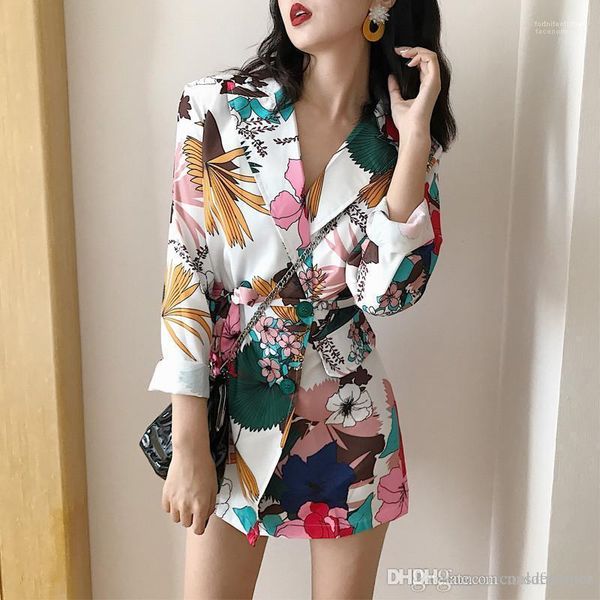 

autumn designer lapel women coat casual panelled ladies clothing with sashes female floral printed fashion blazers spring, White;black