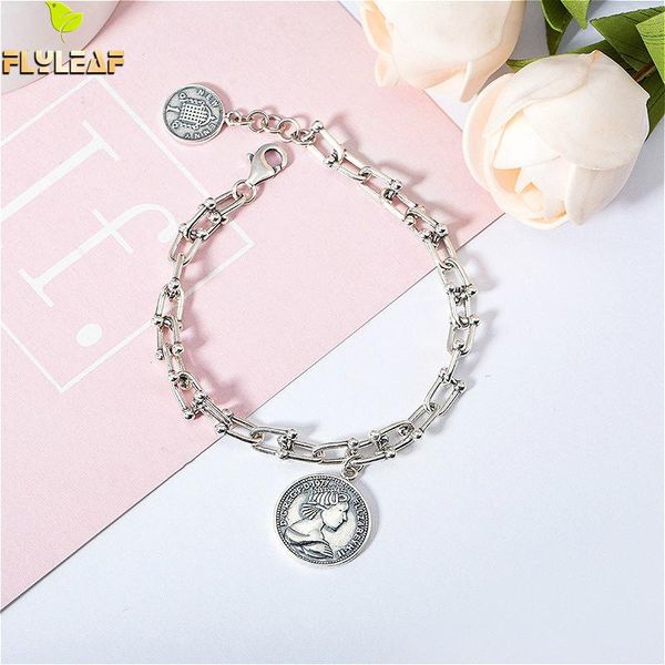 

flyleaf vintage coin real 925 sterling silver crude thick chain bracelet for women fine jewelry bracelets & bangles high quality, Golden;silver