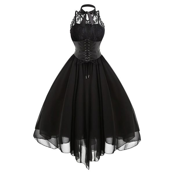 

party dresses black dress 2019 gothic bow women vintage black sleeveless cross back lace panel corset swing dress robe vestidos femme, Black;gray