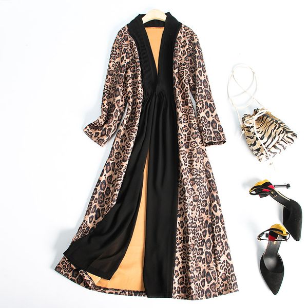 

spring autumn women long trench coat suede nap leopard plaid slim lady duster cloak outerwear, Tan;black
