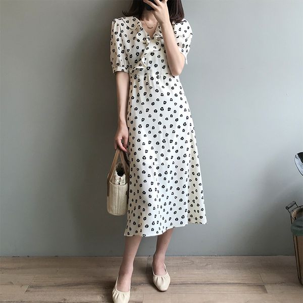 

hxjjp women's summer dress 2020 new korean print short sleeve dress high-waisted thin lotus leaf collar floral, Black;gray