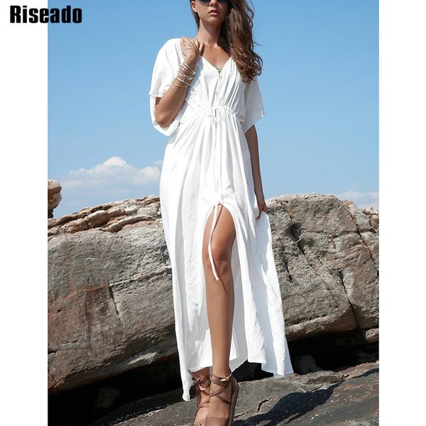 

riseado white pareo beach tunic half sleeve bikini cover ups knotted long beach dress swimwear 2020 summer swimsuit women
