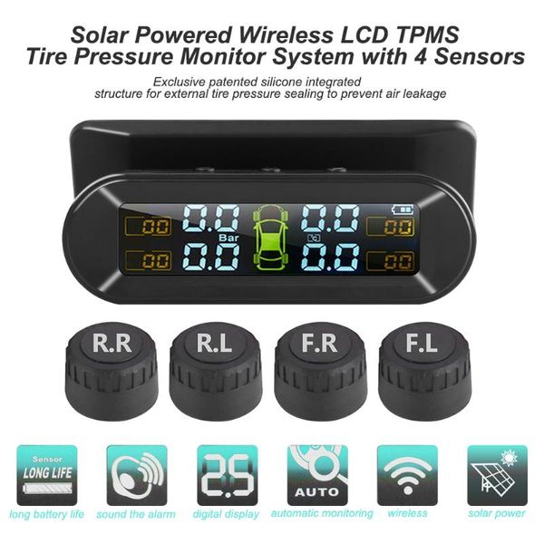 

durable car tpms solar usb charging auto tire pressure monitoring tyre temperature alarm system with 4 sensors 67x43mm