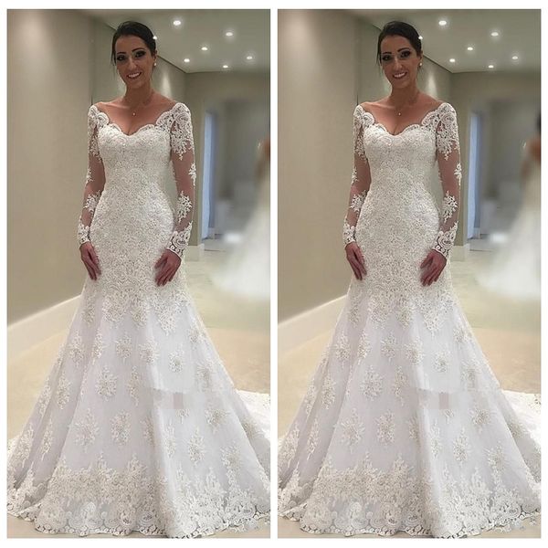 

mermaid long sleeve muslim plus size modest v neck princess wedding dresses lace applique country wedding dress bridal gowns 2019, White