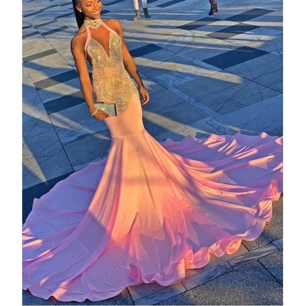 

black girls halter prom dresses long beads sequins backless cocktail party dress satin african women evening gowns robe