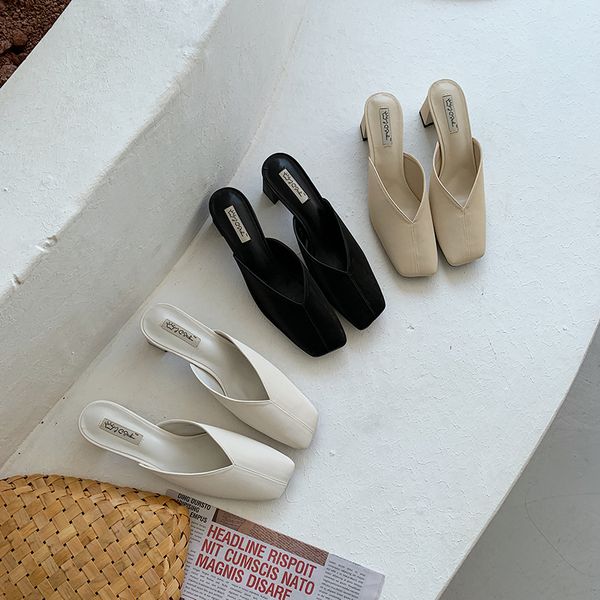 

women mules fashion sandals slides block high heels women pumps shoes elegant square toe slip on fashion slippers casual shoes, Black