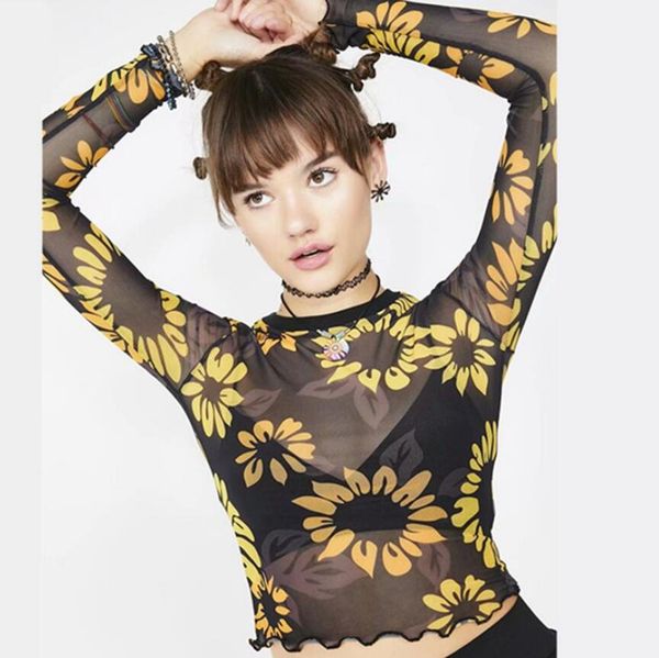 

2019 spring new sun flower print mesh open short t-shirt, White