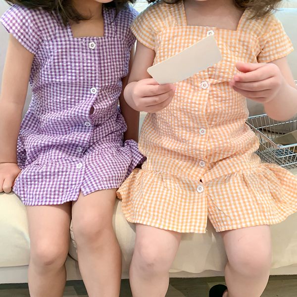 

2020 korea style baby girls plaid dress summer fashion kids girls clothes 1-7 years, Red;yellow