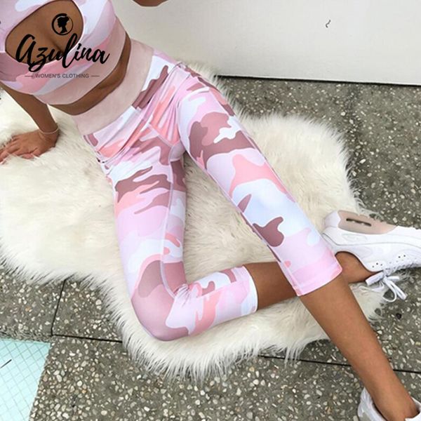 

women's tracksuits azulina women suit round collar sleeveless cut out camouflage print pocket sets sporting wear fitness ladies clothes, Gray