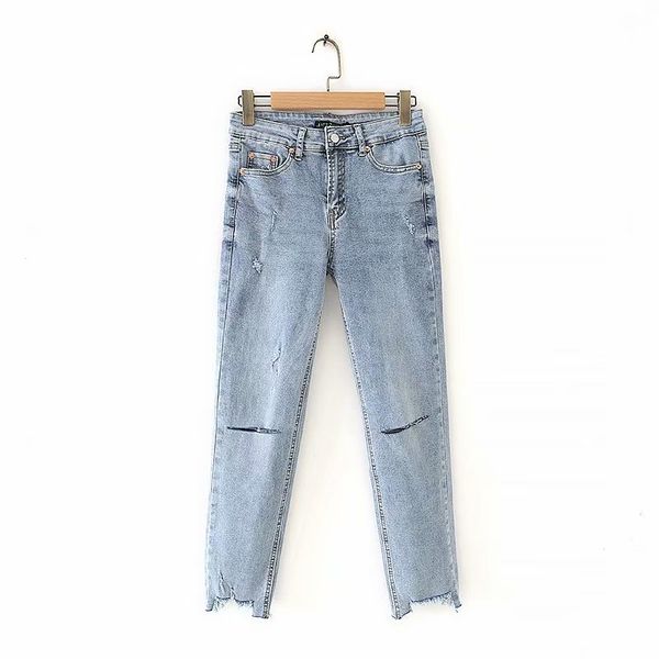

women vintage denim jeans holes pockets chic zipper design pants stretchy ankle length trousers pantalones, Blue