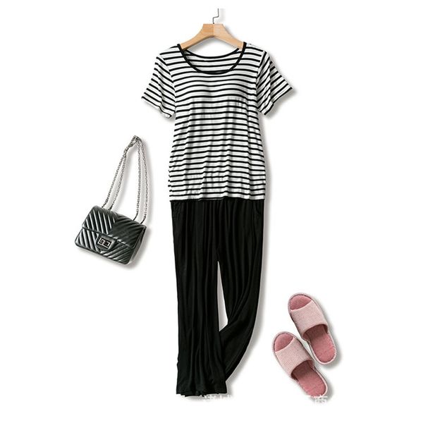 

stripe pajamas leisure breathable elasticity set cropped pants loose home service women's round neck half sleeve set, Black;red