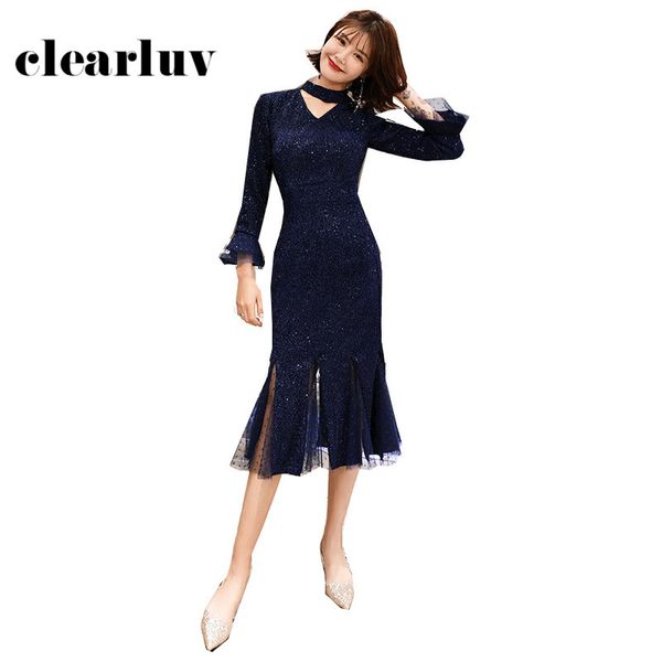

mermaid sequined women party dresses dr356 navy blue shining vestido de fiesta high collar prom dress long sleeve elegant gowns, White;black
