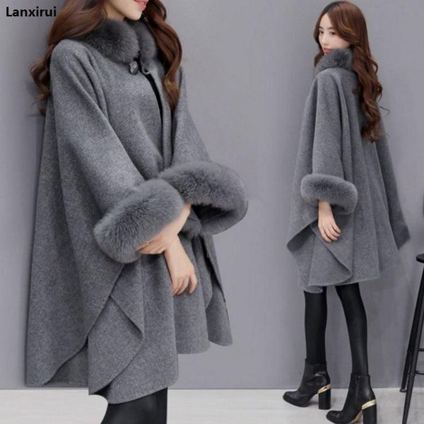 

ponchos and capes women christmas fashion flare sleeve faux fur collar winter wool cloak cape coat poncho long overcoat, Black