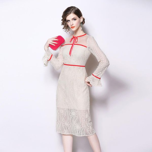 

mesh lace slim tunic midi dress women elegant vintage sweet office party fashion dress 2019 spring clothing apricot, Black;gray