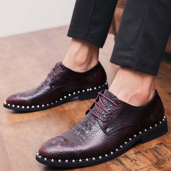 

men's shoes lace up fashion rivet party shoes massage leather men crocodile pattern driving shoe, Black