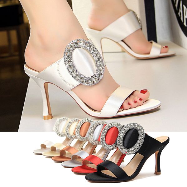 

womens sandals and slippers fashion party evening shoes high-heel 8.5cm metal rhinestone buckle size 34-40, Black