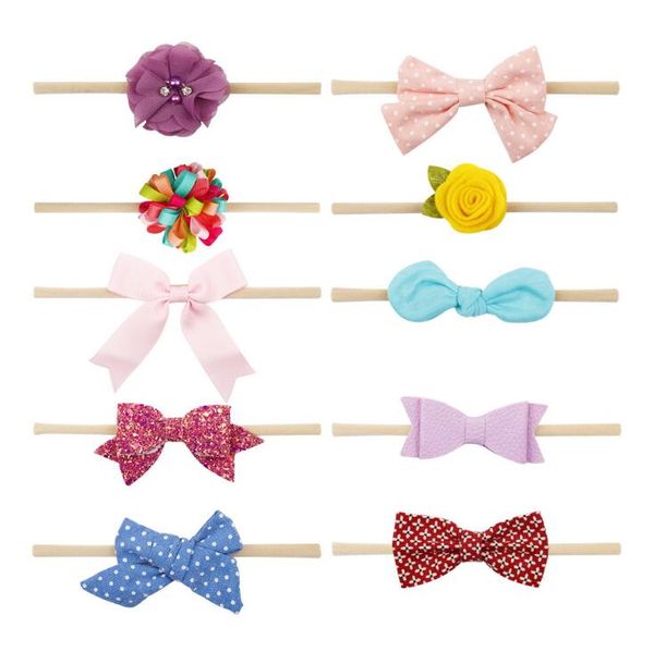 

10-pack set baby girl headbads bows hair accessories princess newborn girl nylon headbands hair elastic bow tie bands handcrafted headband, Slivery;white