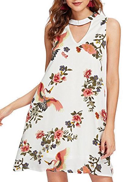 

milumia floral printed over knee summer choker v neck fit and flare summer boho casual mini dress, Black;gray